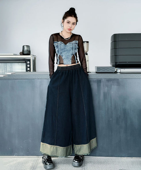 Stitch Contrast Color Wide Denim